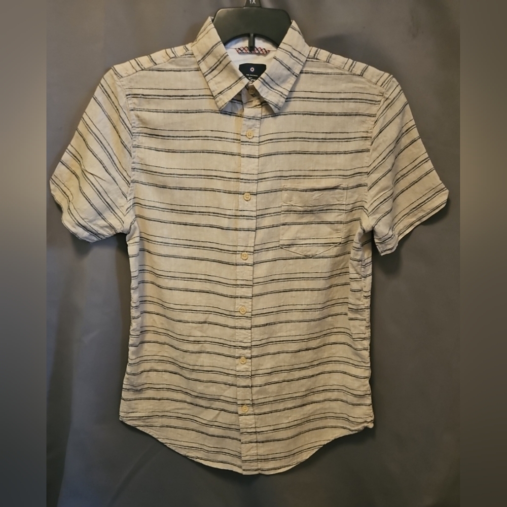VTG Ben Sherman Shirt Mens Med Beige Blue Stripes Linen Blend